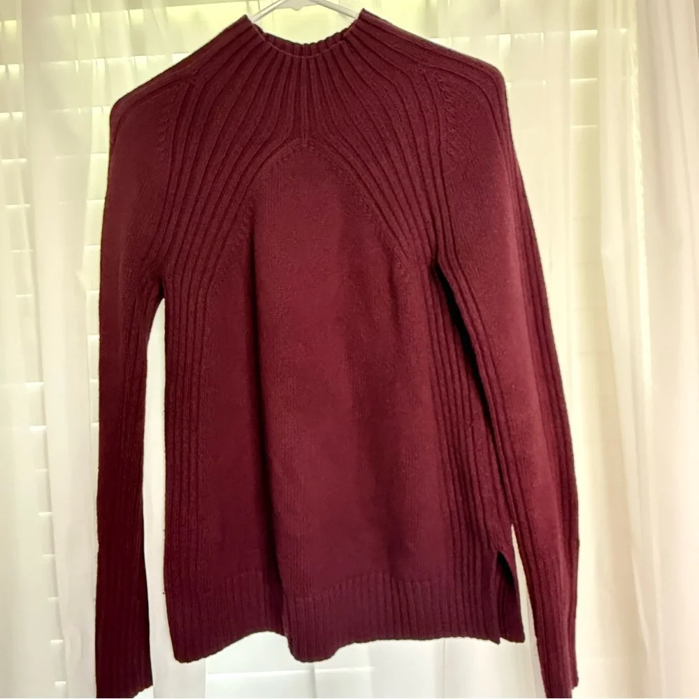 Talbots SP Merino Wool Blend Ribbed Mock Neck Sweater Burgundy Wine Minimalist